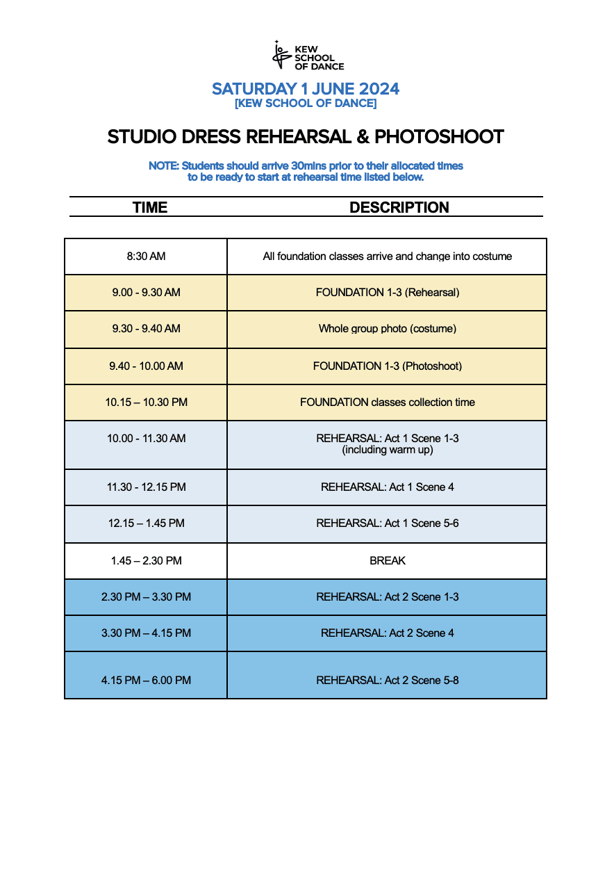 studio dress rehearsal schedule
