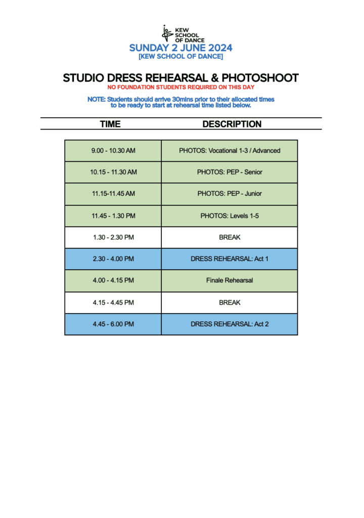 studio dress rehearsal schedule