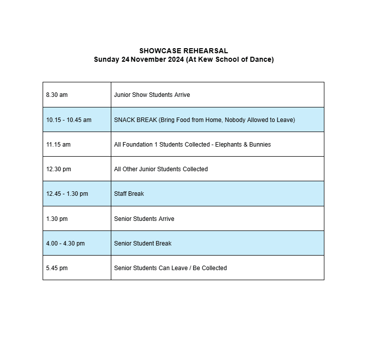 showcase rehearsal schedule