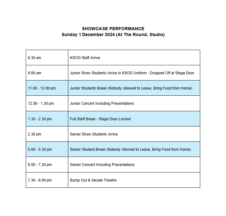 showcase perfomance schedule